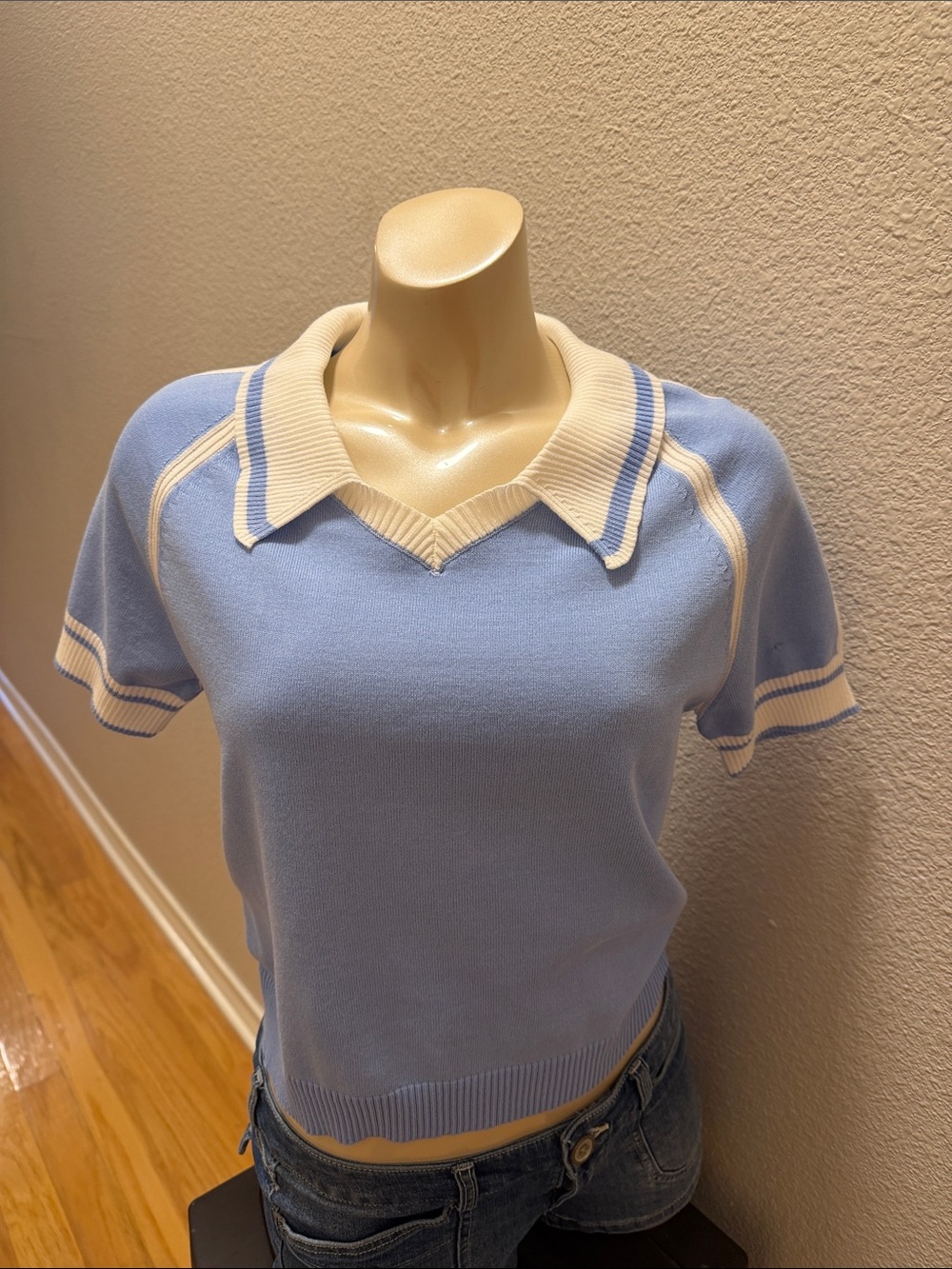 Love Tree Powder Blue Polo Knit Top with Cream Trim